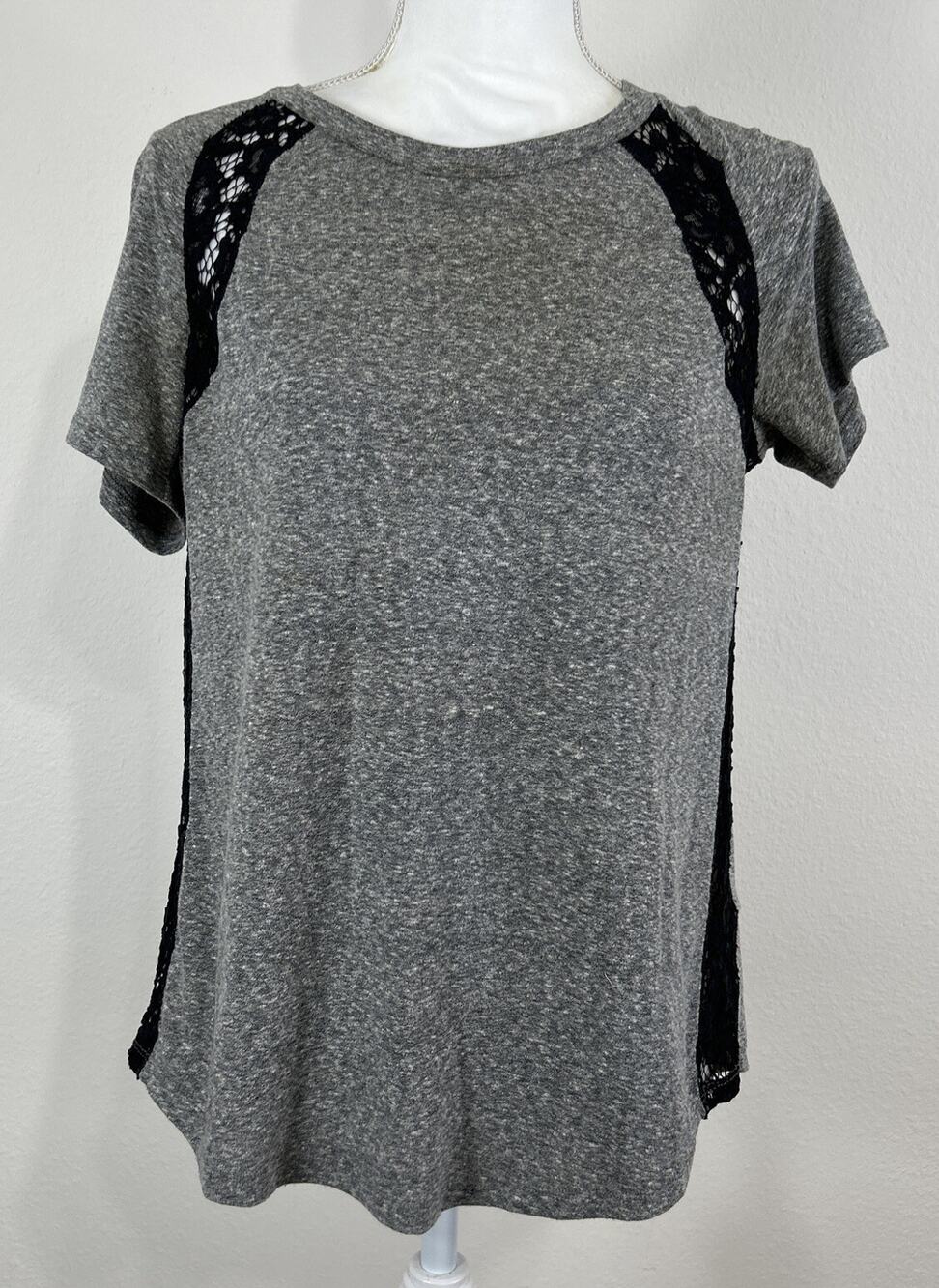 Rebecca Taylor Small Gray Black Lace Inset Knit Short Sleeve Top